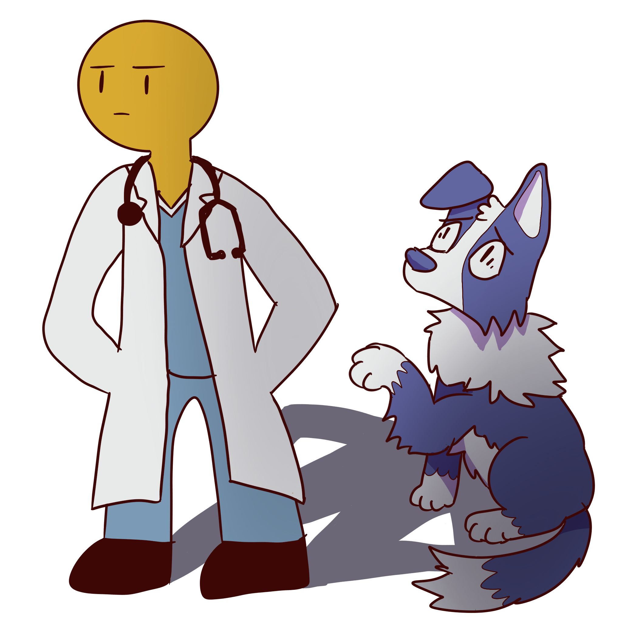 a yellow figure in scrubs and a lab coat turned away from a dog who lifts its paw at the figure